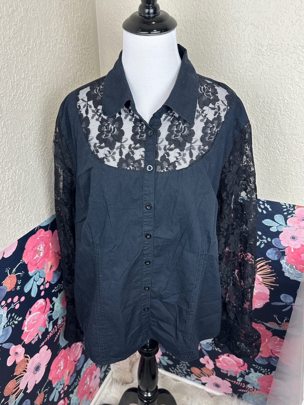 90s Whimsigoth Lace Sleeve Bodice Black Button Down Size Large